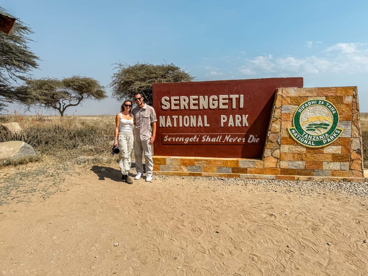 Sam and Alex in front of the Serengeti Welcome Sign.